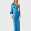 Shona Joy Ciel Silk One Shoulder Open Back Maxi Dress - Aqua< Long Sleeve Dresses | Skirts