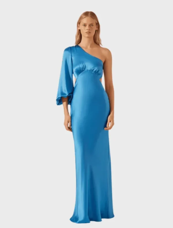 Shona Joy Ciel Silk One Shoulder Open Back Maxi Dress - Aqua< Long Sleeve Dresses | Skirts