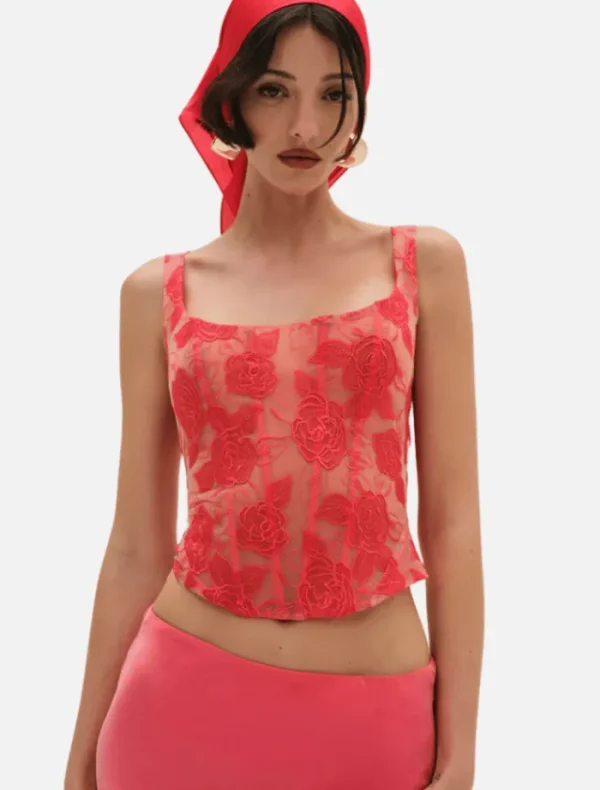 For Love & Lemons Embroidered Roses Corset Top - Red< Casual Dresses | Skirts