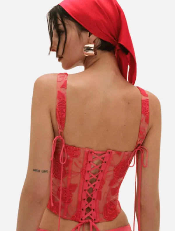 For Love & Lemons Embroidered Roses Corset Top - Red< Casual Dresses | Skirts