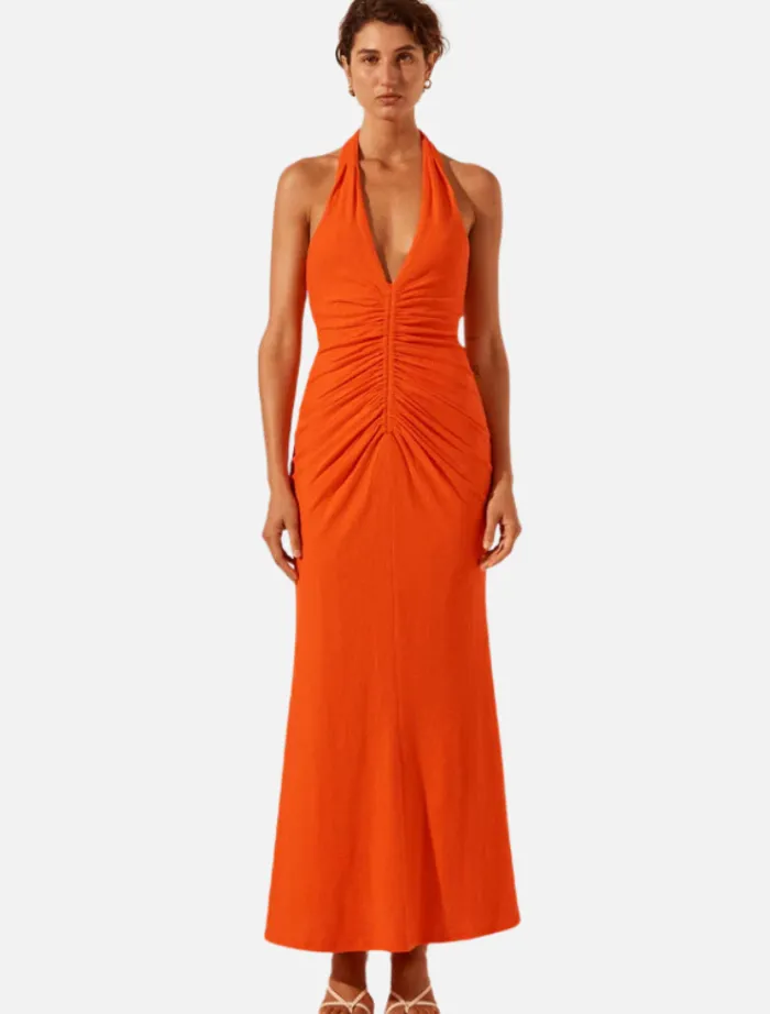 halter_ruched_midi_dress__0.webp Shona Joy Halter Ruched Midi Dress - Hibiscus< Midi Dresses | Skirts