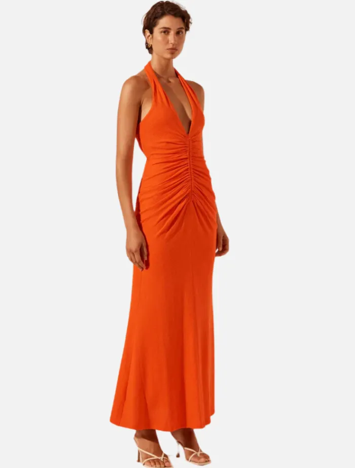 halter_ruched_midi_dress__2.webp Shona Joy Halter Ruched Midi Dress - Hibiscus< Midi Dresses | Skirts