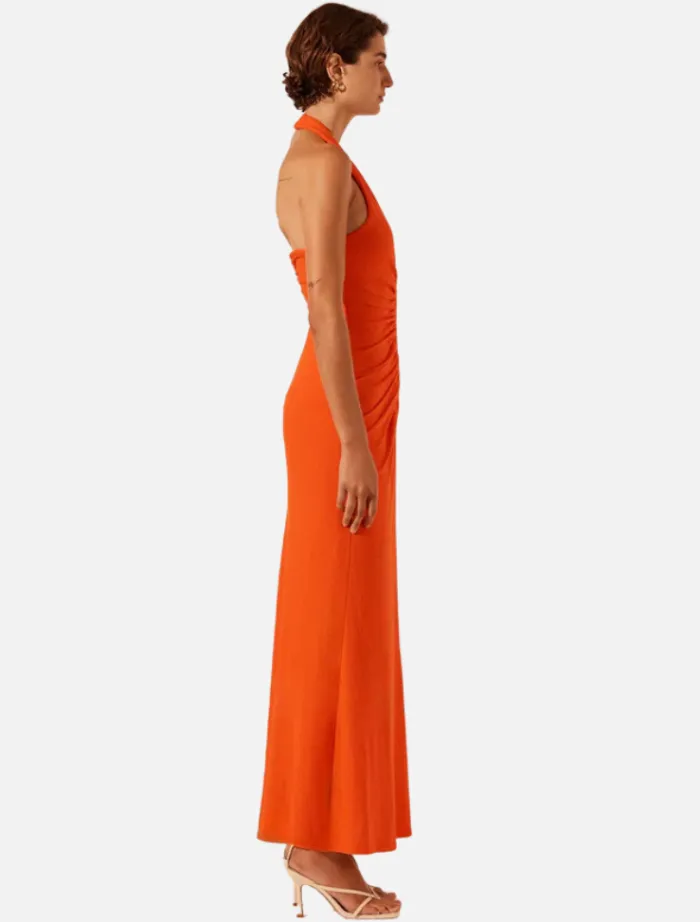 halter_ruched_midi_dress__3.webp Shona Joy Halter Ruched Midi Dress - Hibiscus< Midi Dresses | Skirts