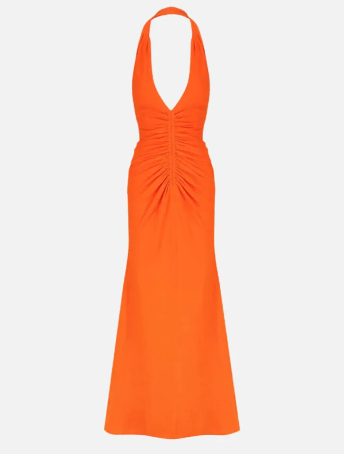 halter_ruched_midi_dress__5.webp Shona Joy Halter Ruched Midi Dress - Hibiscus< Midi Dresses | Skirts