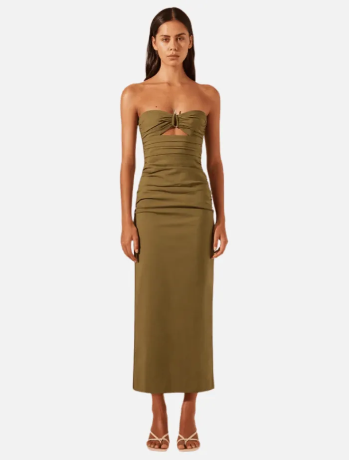 lani_strapless_gathered_m_0.webp Shona Joy Lani Strapless Gathered Midi Dress - Army Green< Casual Dresses | Midi Dresses