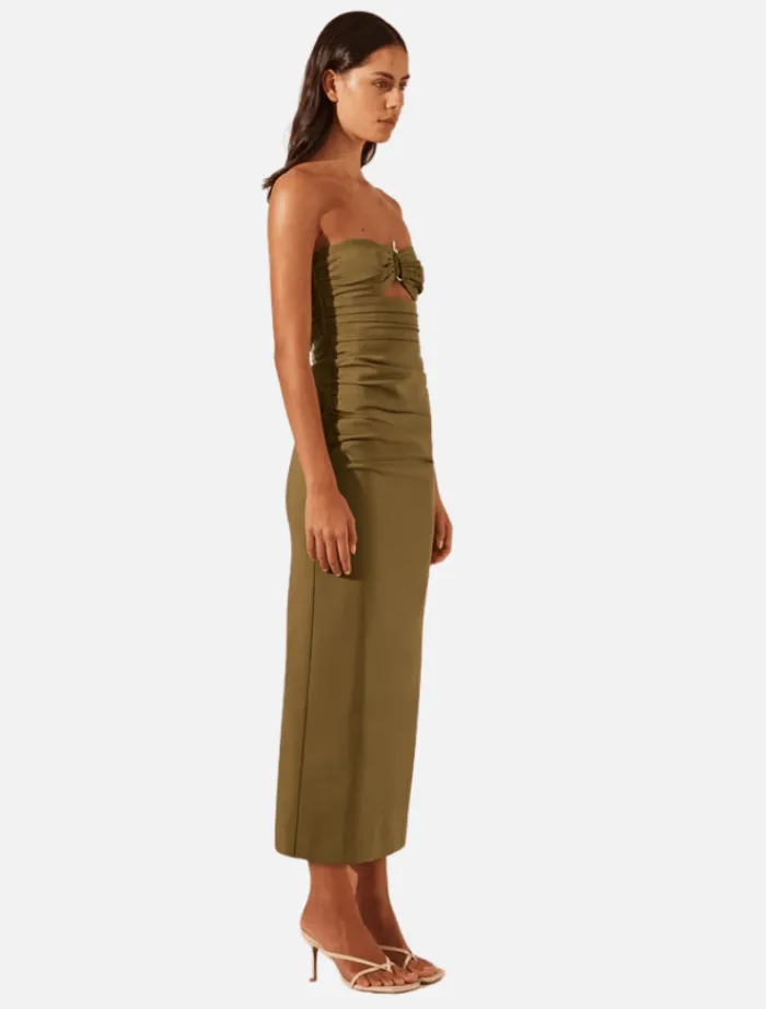 lani_strapless_gathered_m_2.webp Shona Joy Lani Strapless Gathered Midi Dress - Army Green< Casual Dresses | Midi Dresses