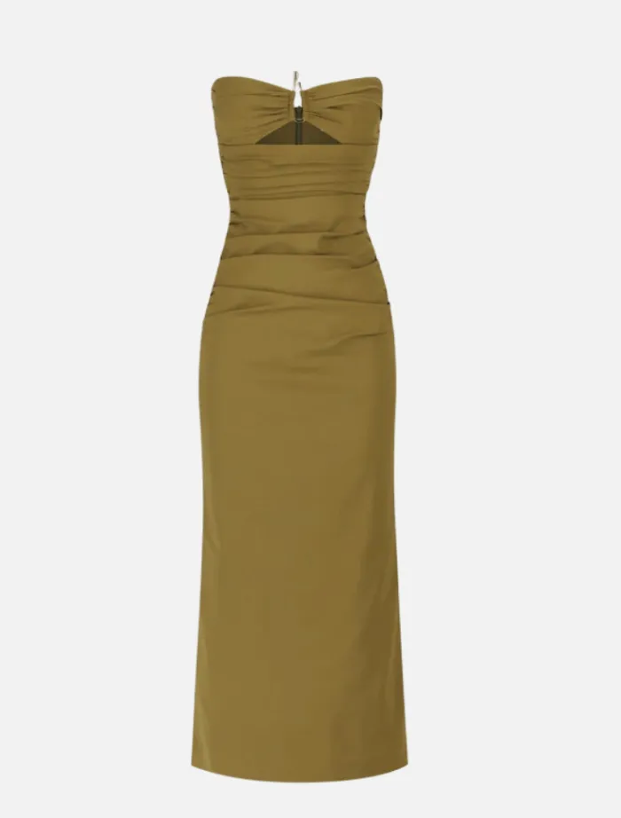 lani_strapless_gathered_m_5.webp Shona Joy Lani Strapless Gathered Midi Dress - Army Green< Casual Dresses | Midi Dresses