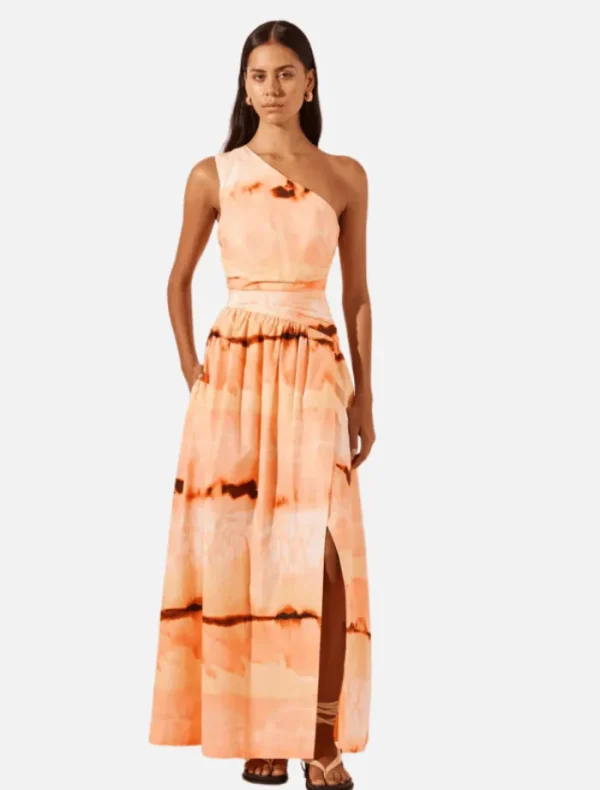 Shona Joy Larissa Asymmetrical Gathered Maxi Dress - Peach/Multi< Casual Dresses | Midi Dresses