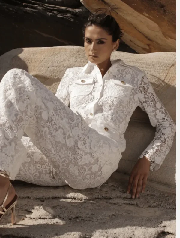 Sonya Rana Lace Flared Pant - White< Pants