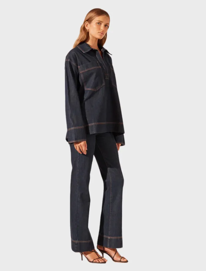 rita_patch_pocket_shirt___1.webp Shona Joy Rita Patch Pocket Shirt - Deep Indigo< Shirt Dresses | Long Sleeve Dresses