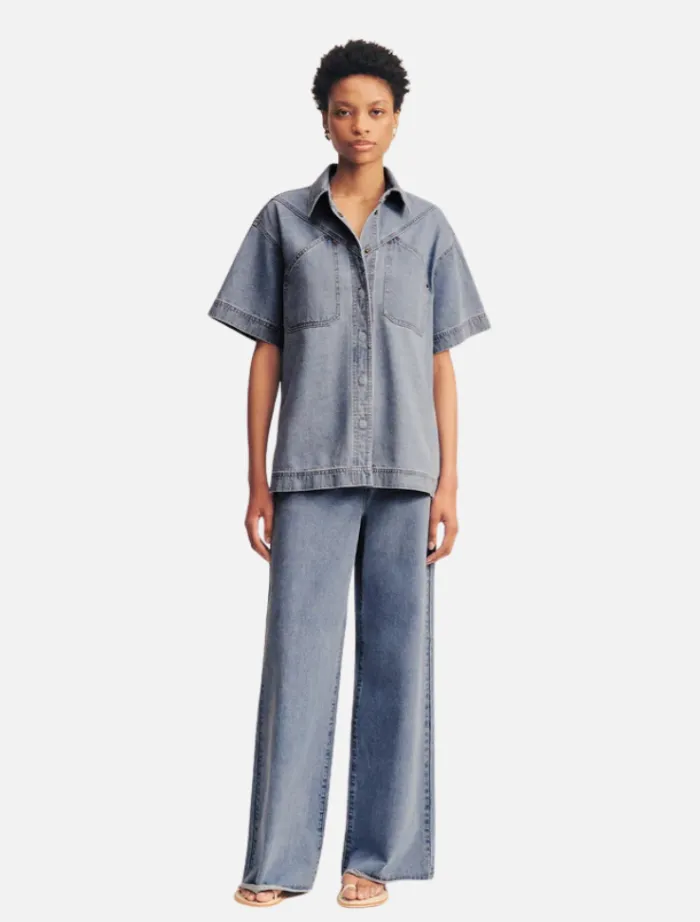 short_sleeve_shirt__mid_b_0.webp Shona Joy Short Sleeve Shirt - Mid Blue< Denim | Shorts