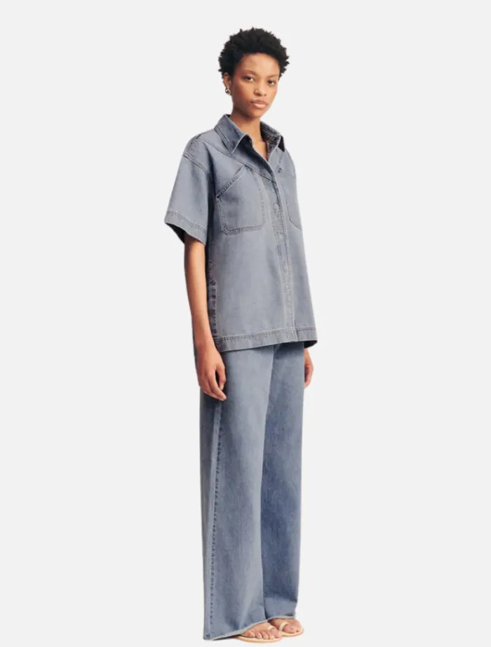 short_sleeve_shirt__mid_b_1.webp Shona Joy Short Sleeve Shirt - Mid Blue< Denim | Shorts