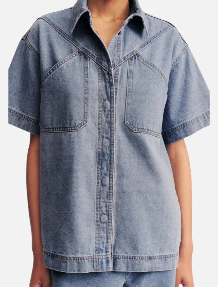 short_sleeve_shirt__mid_b_4.webp Shona Joy Short Sleeve Shirt - Mid Blue< Denim | Shorts