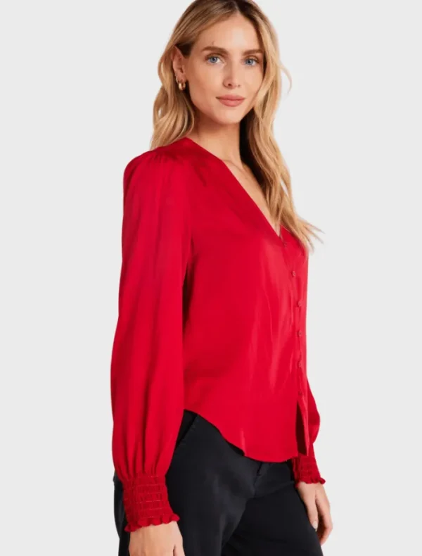 Bella Dahl Smocked Cuff Button Down - Cherry Red< Shirts | Tops