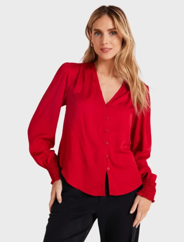 Bella Dahl Smocked Cuff Button Down - Cherry Red< Shirts | Tops