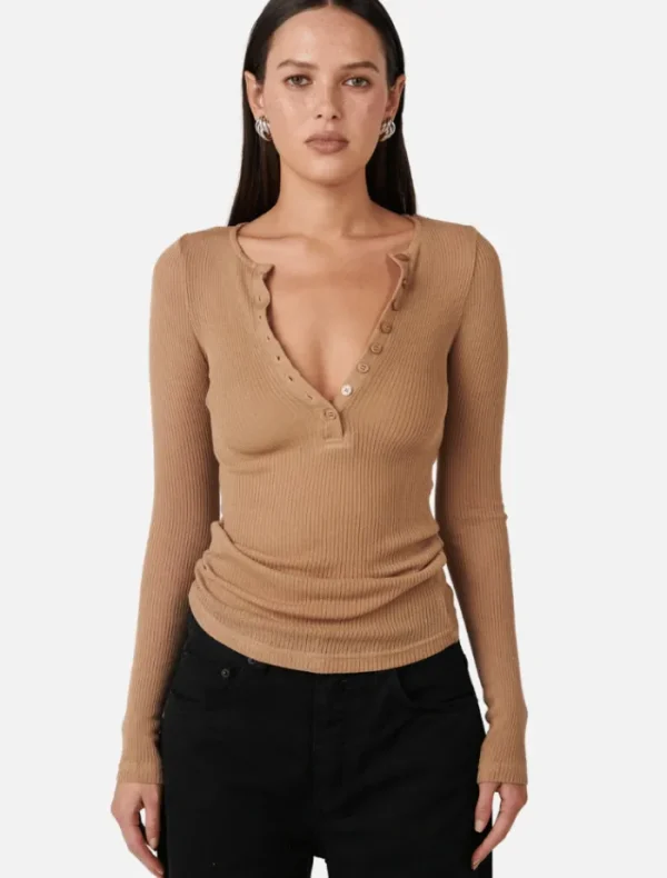 Bayse Xavier Button Top - Latte< Pants | Knitwear
